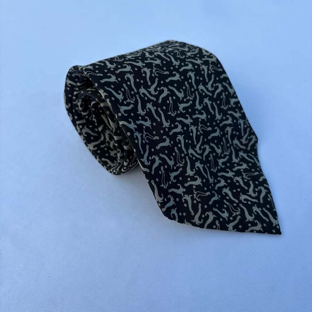 Vintage Je Suis 100% Silk Tie Made USA Black Novelty Seahorse Fish Pattern